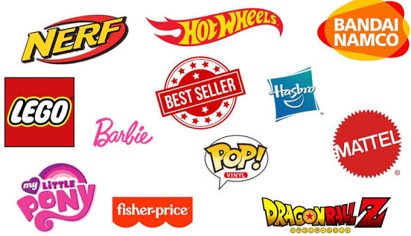 LEGO, Nerf, Hot Wheels, Barbie, Hasbro and other toy brand logos