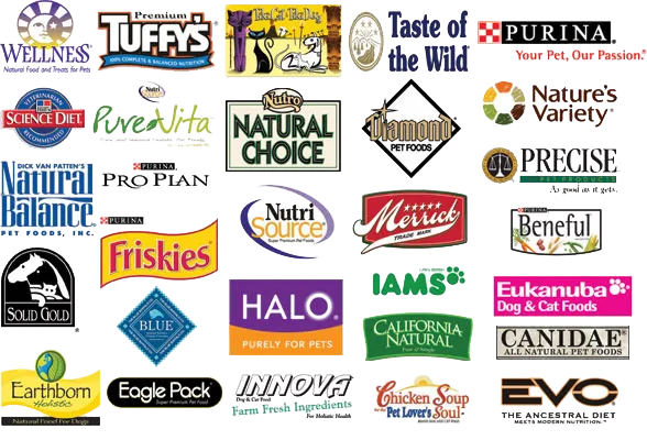 Assorted pet food and animal nutrition brand logos
