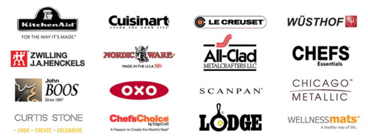 KitchenAid, Cuisinart, Le Creuset, Zwilling, OXO and other cookware brand logos